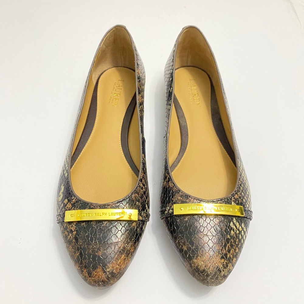 Lauren Ralph Lauren Preppy Snakeskin Flats Womens 9.5 Brown Pointed Toe Logo - Picture 2 of 8